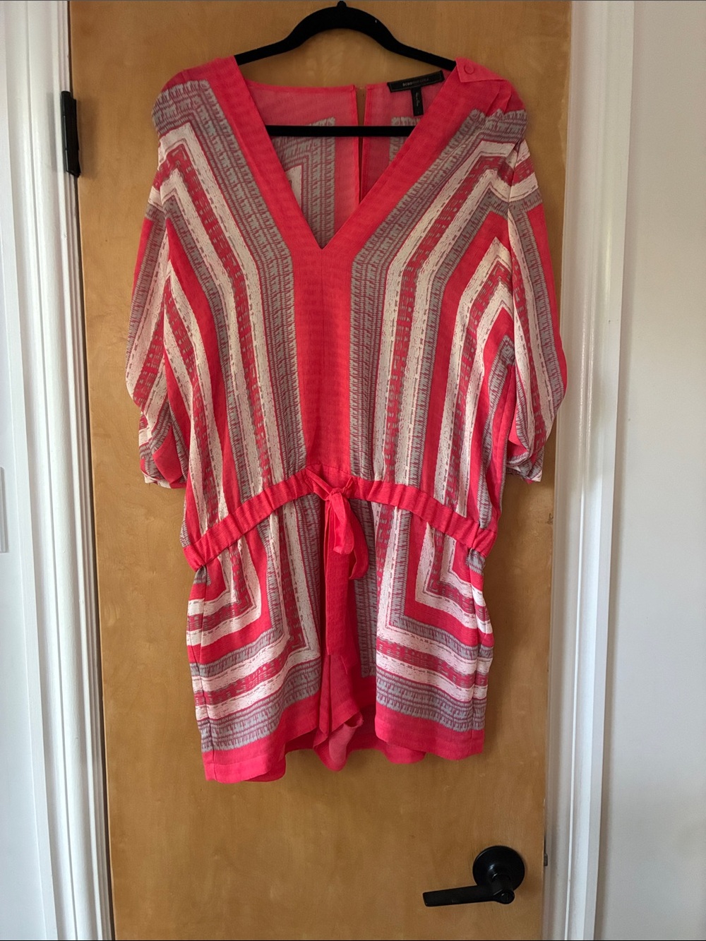 Michael Kors Coral and White Striped V-Neck Tie-Waist Tunic